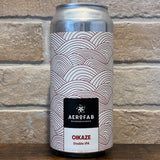 Canette Oikaze Double IPA 44 cl d’AERoFAB, étiquette blanche à motifs rouges sur fond de briques